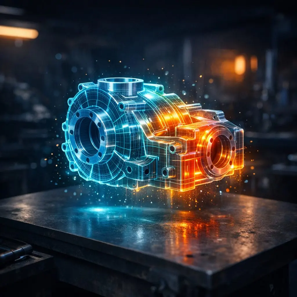 Glowing digital model of a machine part on a workbench