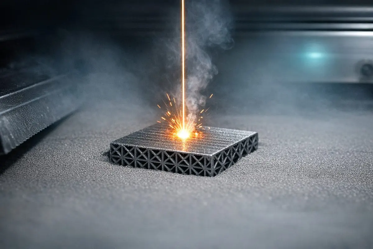 Inside a metal 3D printer: a laser melts the top layer of a lattice part rising from the powder bed