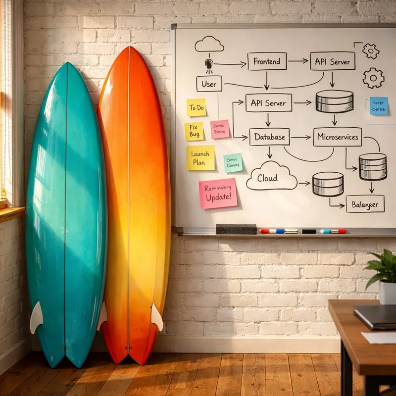 Surfboards leaning against an office wall beside a whiteboard of architecture diagrams