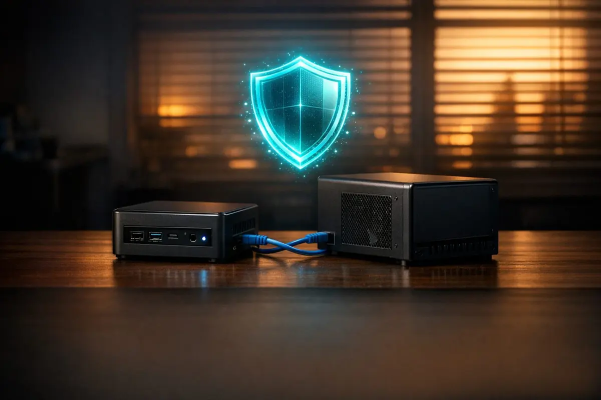 A mini PC and a small GPU box on a desk with a glowing shield above them