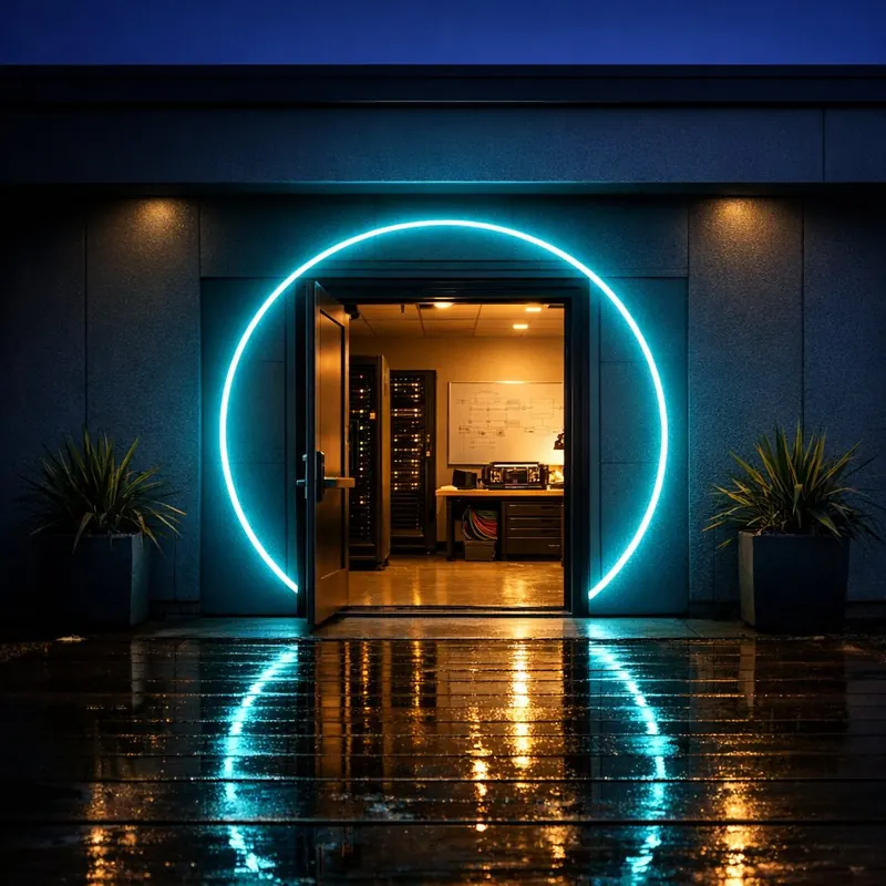 An open front door encircled by a glowing ring of light, with server racks, a workbench and a whiteboard visible inside