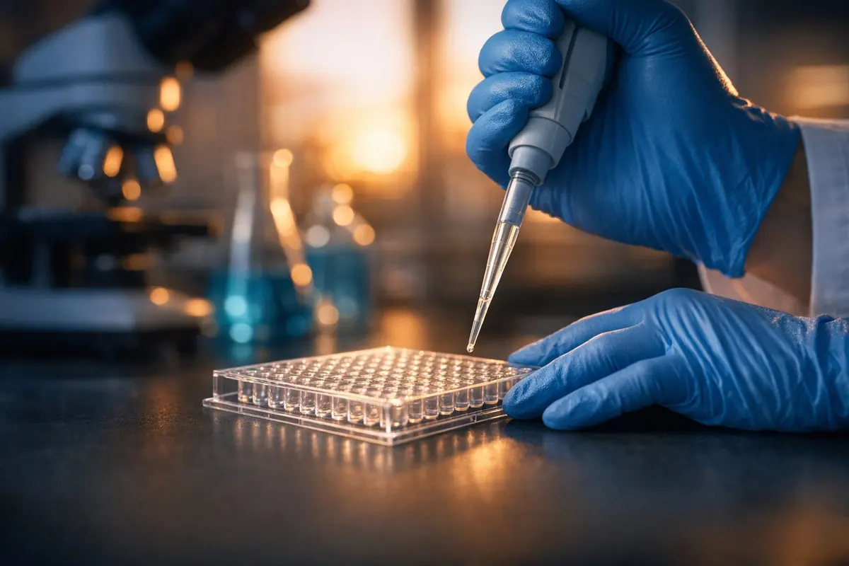 Lab technician's gloved hands pipetting into a well plate at a bench, microscope behind