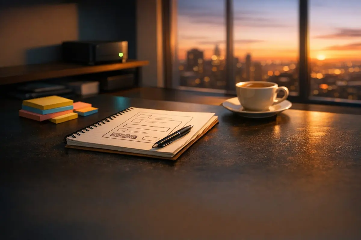 Product manager's desk with a sketched form on paper, sticky notes and a small server on a shelf, sunset behind